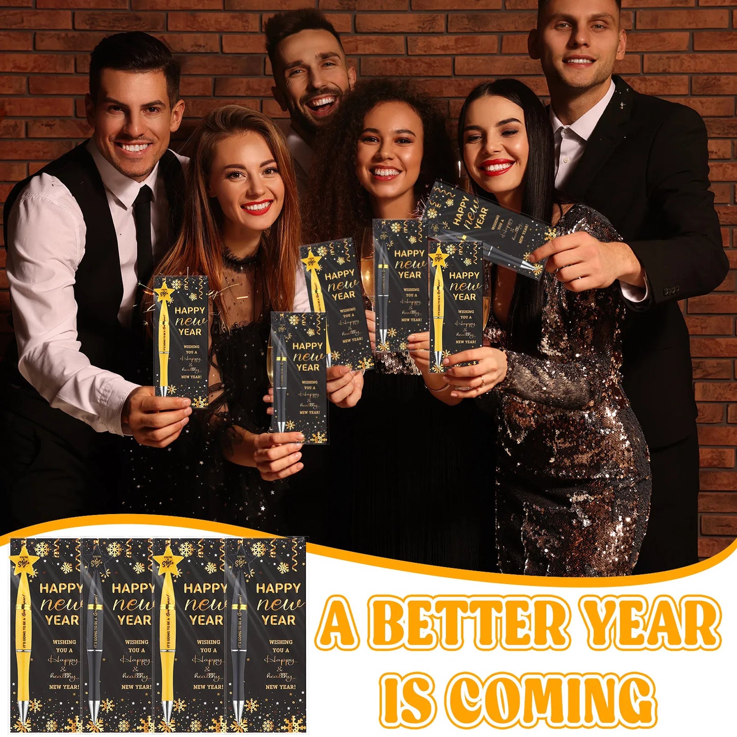 24Sets Happy New Year Gifts Include Star Pens Blessing Cards You're a Star Ballpoint Pen with Tie Opp Bag for Employee Coworkers