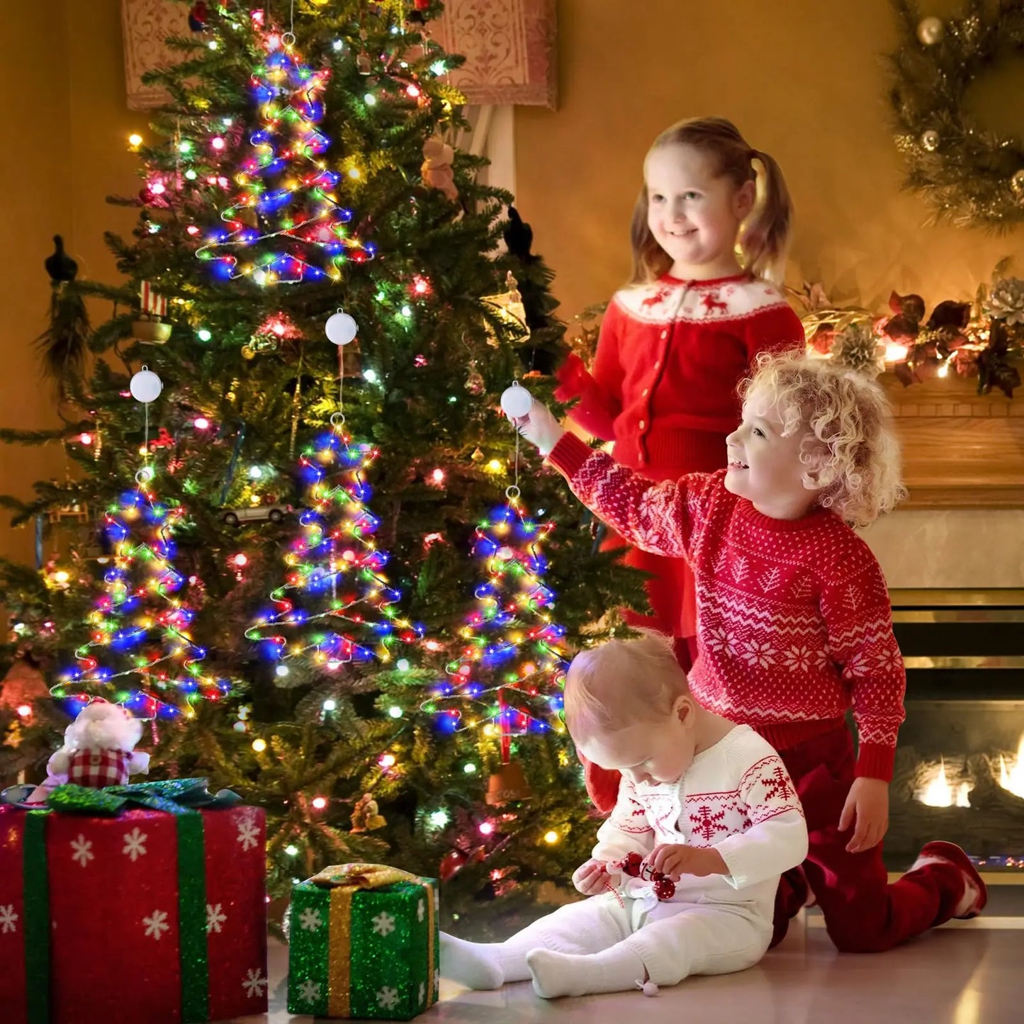 Christmas Tree Lights Battery Powered Metal Framed Hanging Christmas Window Fairy Light Decorations with Timer for Xmas New Year