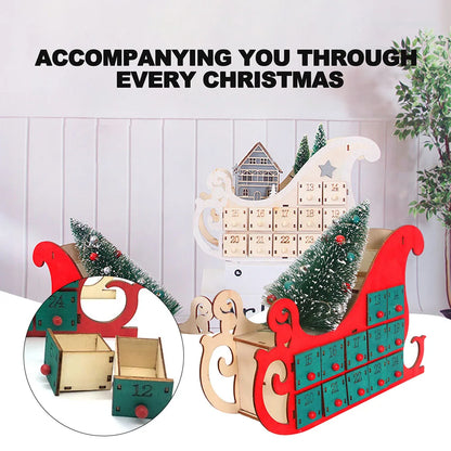 Christmas Advent Calendar Ornaments Wooden Luminous Decoration Gadget with 24 Drawers with LED Light Storage Home Party Gifts