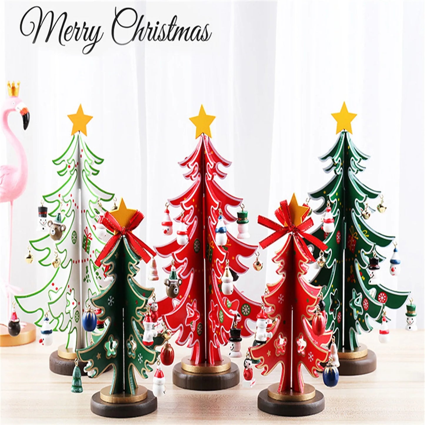 Christmas Wooden 3D Tree Ornament Festive Holiday Decor Tabletop Decoration Accessory Indoor Christmas Party Favor