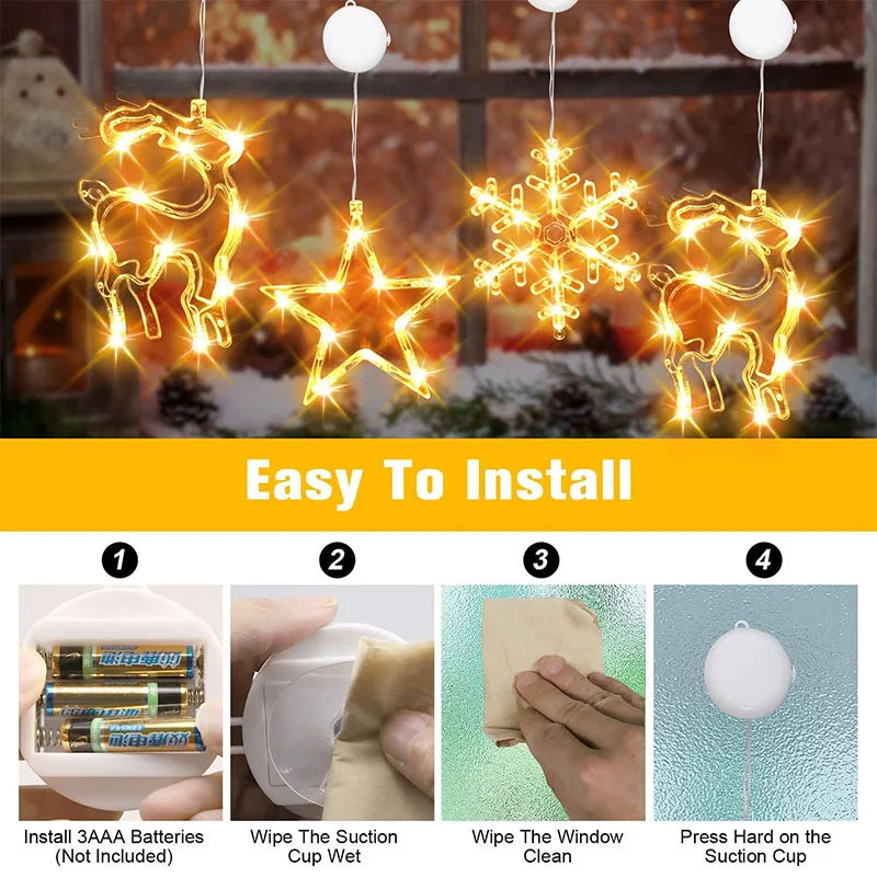 Christmas Window Lights Decor Battery Powered Hanging WarmWhite Light Tree Star Bells Shaped LED Sucker for Xmas Fireplace Decor