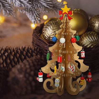 Classic Wooden Christmas Trees with Ornaments Handcrafted Tabletop Holiday Decor Festive Miniature Pine Tree Set for Home Party