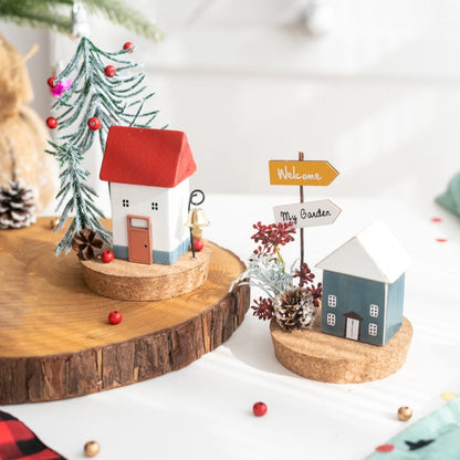 Christmas Tabletop Decorations Winter Wooden House with Mini Artificial Trees Sign Home Room Living Room Decorations Ornaments