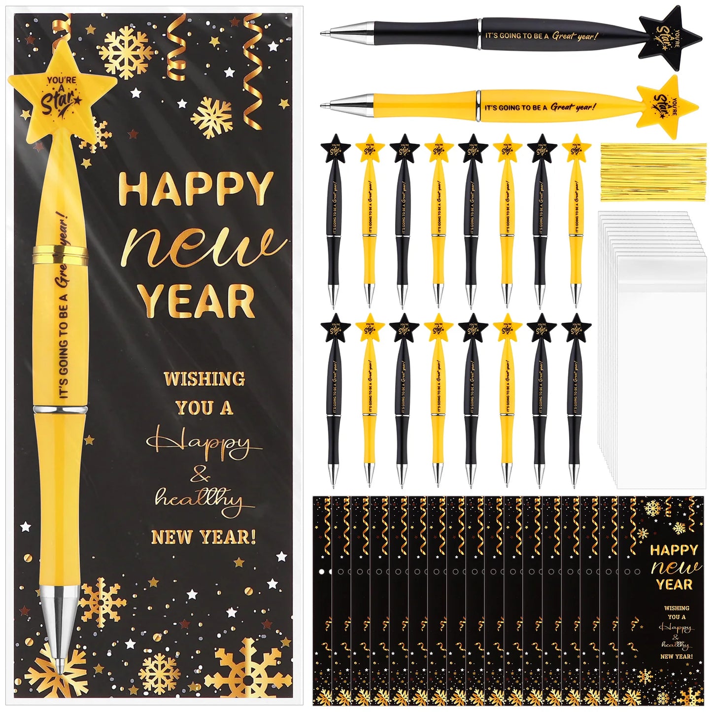 24Sets Happy New Year Gifts Include Star Pens Blessing Cards You're a Star Ballpoint Pen with Tie Opp Bag for Employee Coworkers
