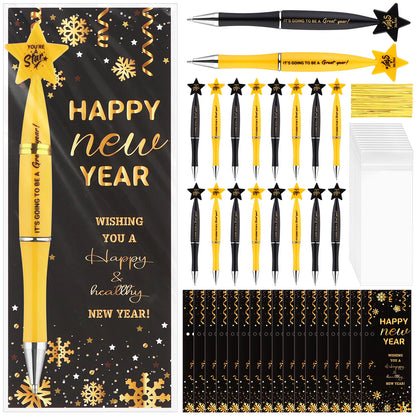 24Sets Happy New Year Gifts Include Star Pens Blessing Cards You're a Star Ballpoint Pen with Tie Opp Bag for Employee Coworkers