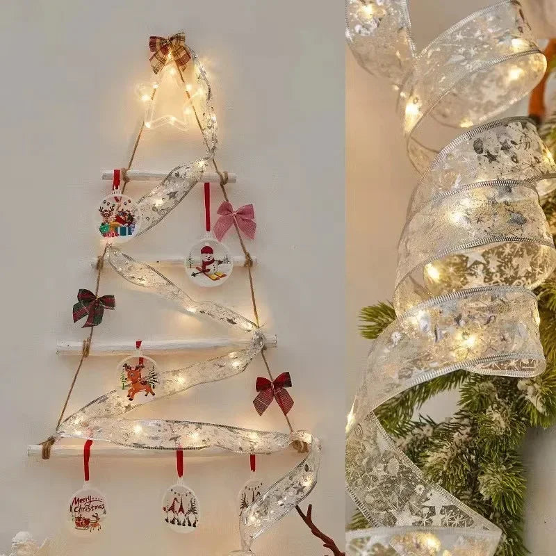 Christmas Decoration LED Ribbon Lights Christmas Tree Ornaments DIY Lace Bows String Light Navidad Home Decoration New Year 2025
