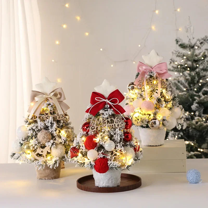 Christmas Tree DIY Set 35cm Xmas Tree with LED Lights Tabletop Ornament for Navidad Party Pine Flocked Snow Tree Decora Gift
