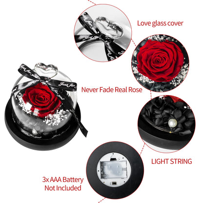 Gifts for Girls Eternal Flowers In Heart Glass Dome with Led Light Forever Preserved Rose Wedding Gift for Mom Women Girlfriend