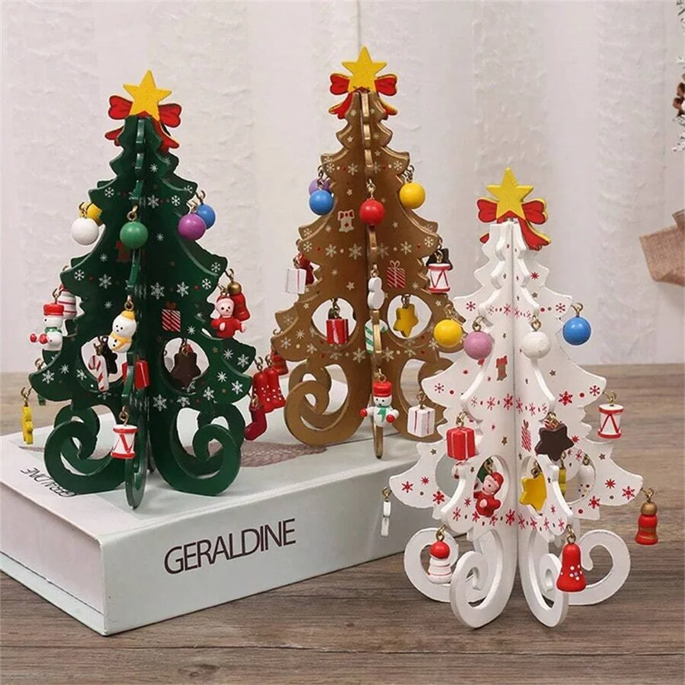 Classic Wooden Christmas Trees with Ornaments Handcrafted Tabletop Holiday Decor Festive Miniature Pine Tree Set for Home Party