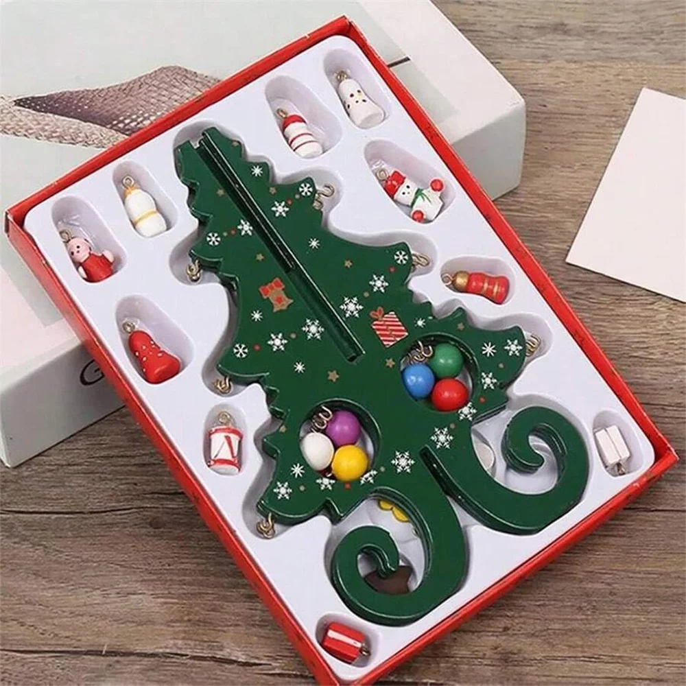 Classic Wooden Christmas Trees with Ornaments Handcrafted Tabletop Holiday Decor Festive Miniature Pine Tree Set for Home Party