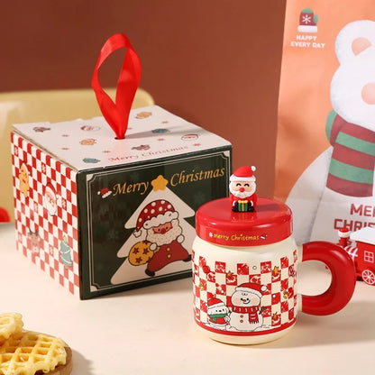 Christmas gifts: Ceramic cups with LIDS, spoons, cartoon mugs, high appearance level, creative New Year gifts and souvenirs