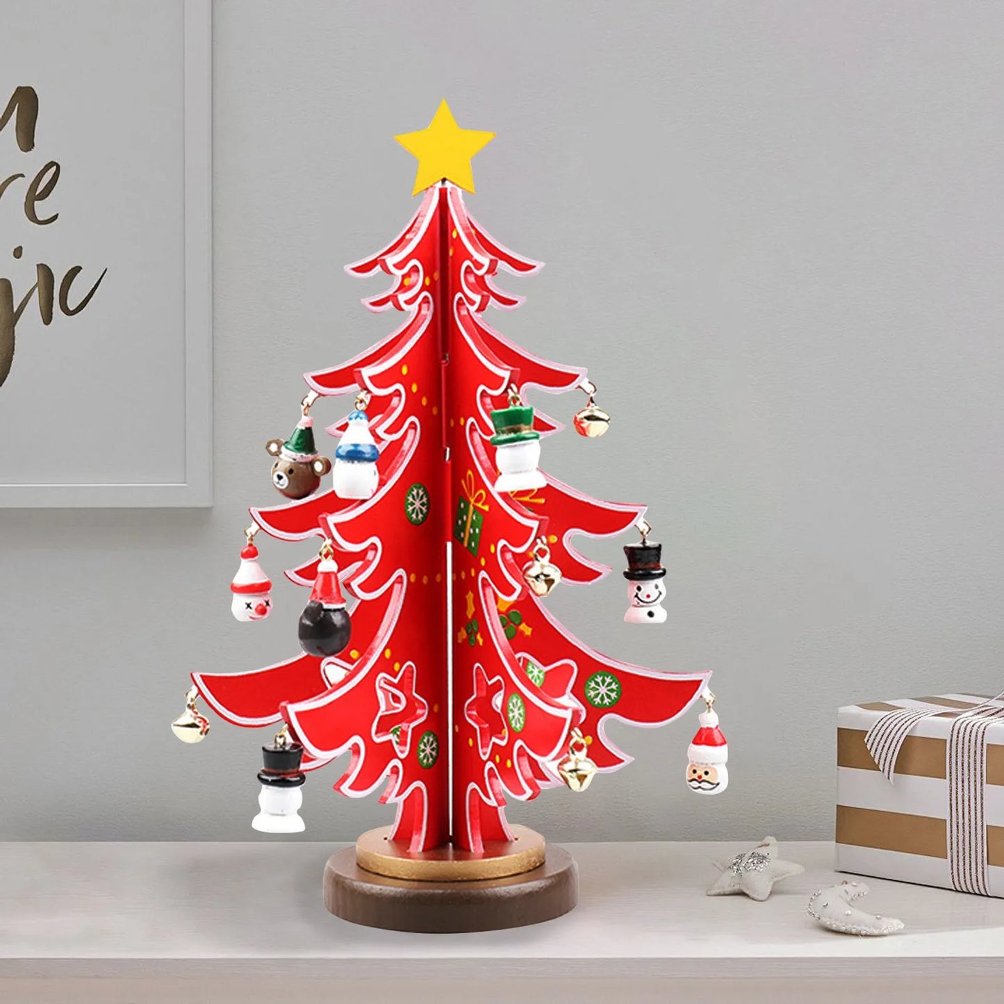 Christmas Wooden 3D Tree Ornament Festive Holiday Decor Tabletop Decoration Accessory Indoor Christmas Party Favor