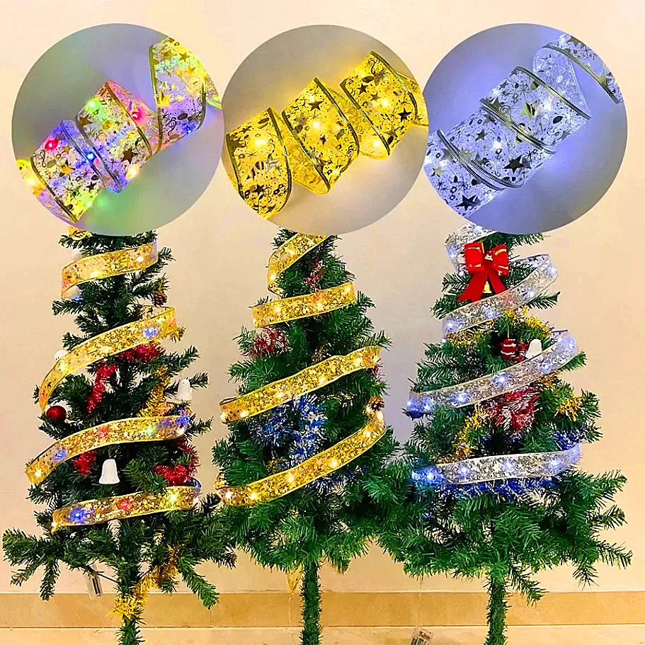 Christmas Decoration LED Ribbon Fairy Lights Christmas Tree Ornaments for Home 2025 DIY Bows Light String Navidad New Year