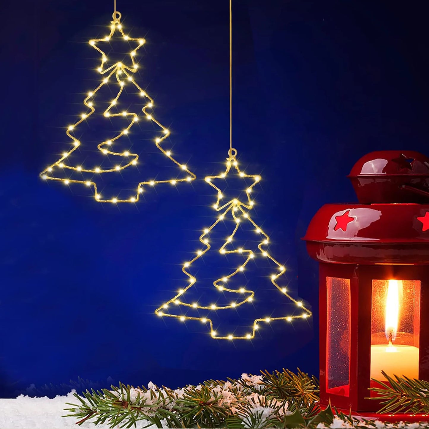 Christmas Tree Lights Battery Powered Metal Framed Hanging Christmas Window Fairy Light Decorations with Timer for Xmas New Year