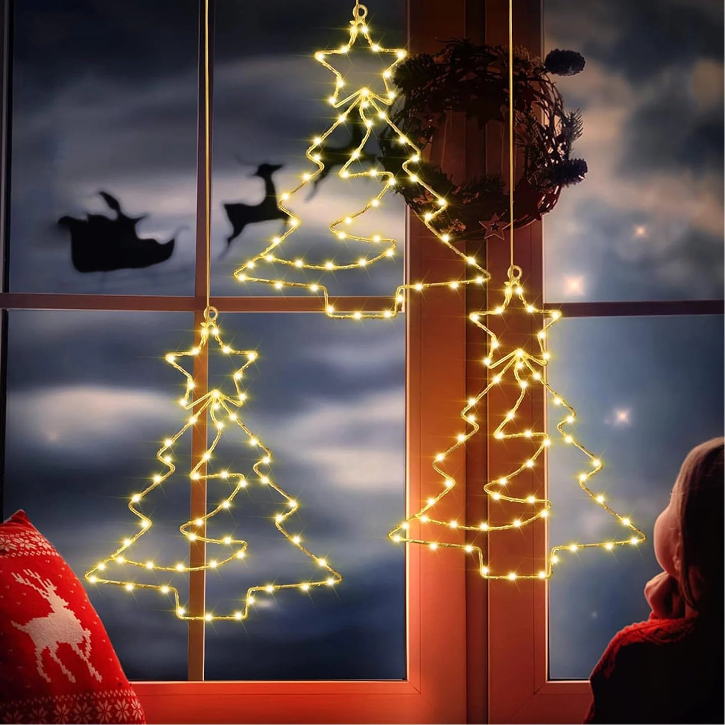 Christmas Tree Lights Battery Powered Metal Framed Hanging Christmas Window Fairy Light Decorations with Timer for Xmas New Year