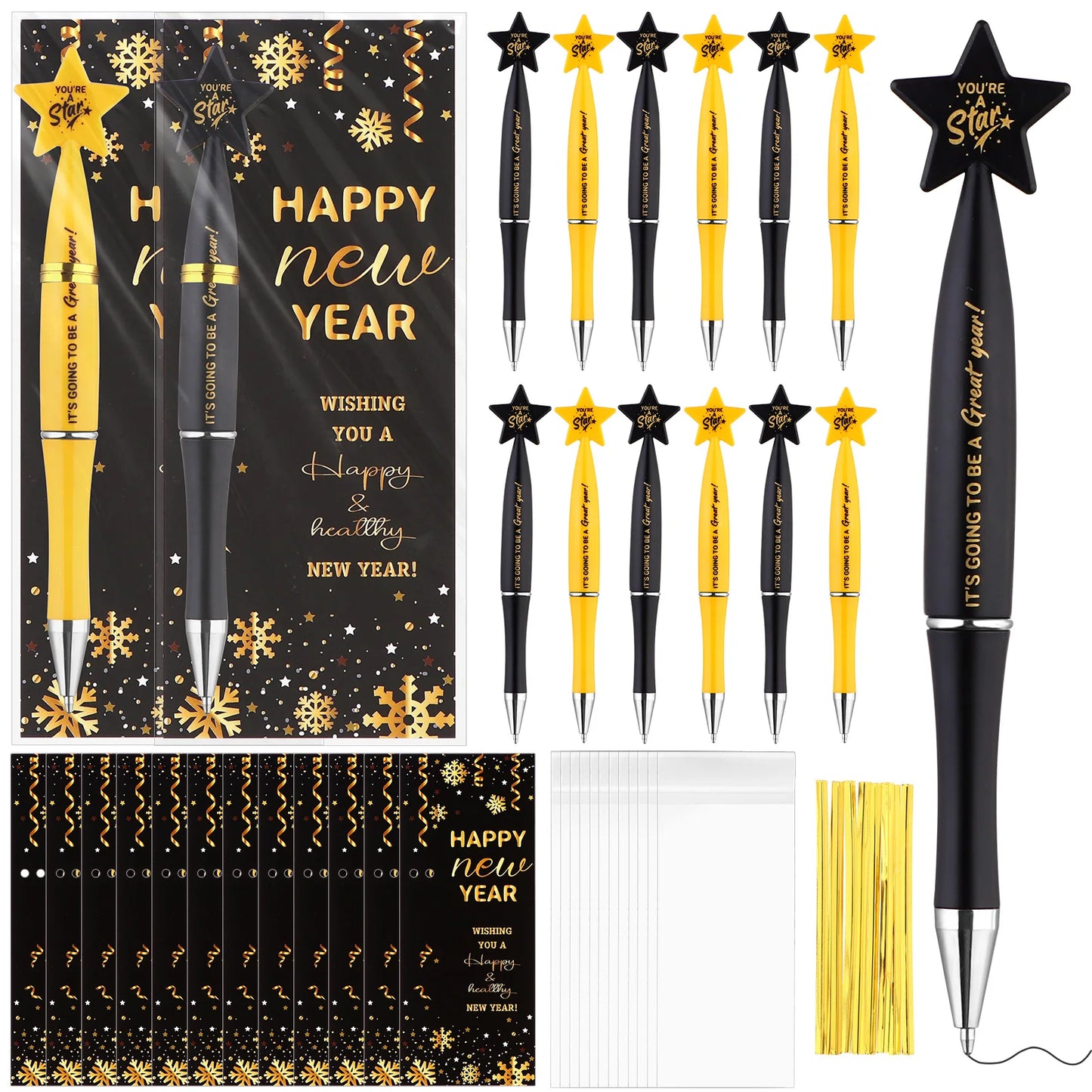 24Sets Happy New Year Gifts Include Star Pens Blessing Cards You're a Star Ballpoint Pen with Tie Opp Bag for Employee Coworkers