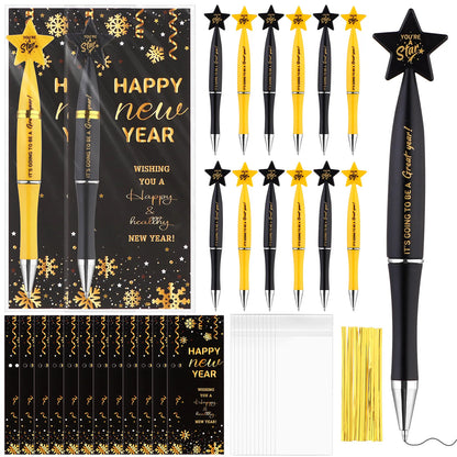 24Sets Happy New Year Gifts Include Star Pens Blessing Cards You're a Star Ballpoint Pen with Tie Opp Bag for Employee Coworkers