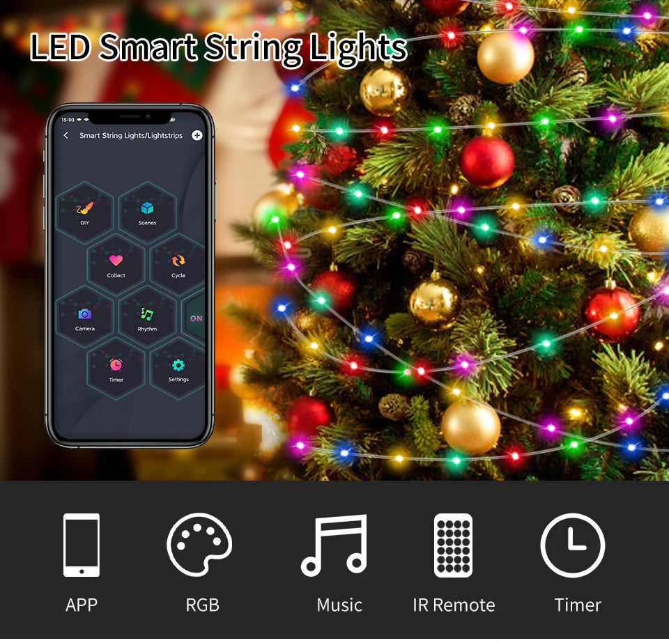 Led Fairy Light Strip Christmas Lights Smart Bluetooth USB Music Festoon Street Garland Wedding Birthday Party Decor for Home