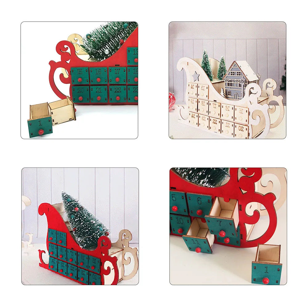 Christmas Advent Calendar Ornaments Wooden Luminous Decoration Gadget with 24 Drawers with LED Light Storage Home Party Gifts