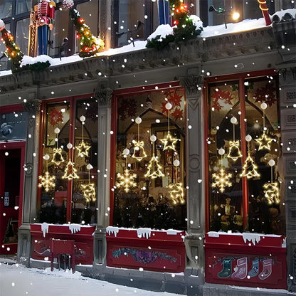 Christmas Window Lights Decor Battery Powered Hanging WarmWhite Light Tree Star Bells Shaped LED Sucker for Xmas Fireplace Decor