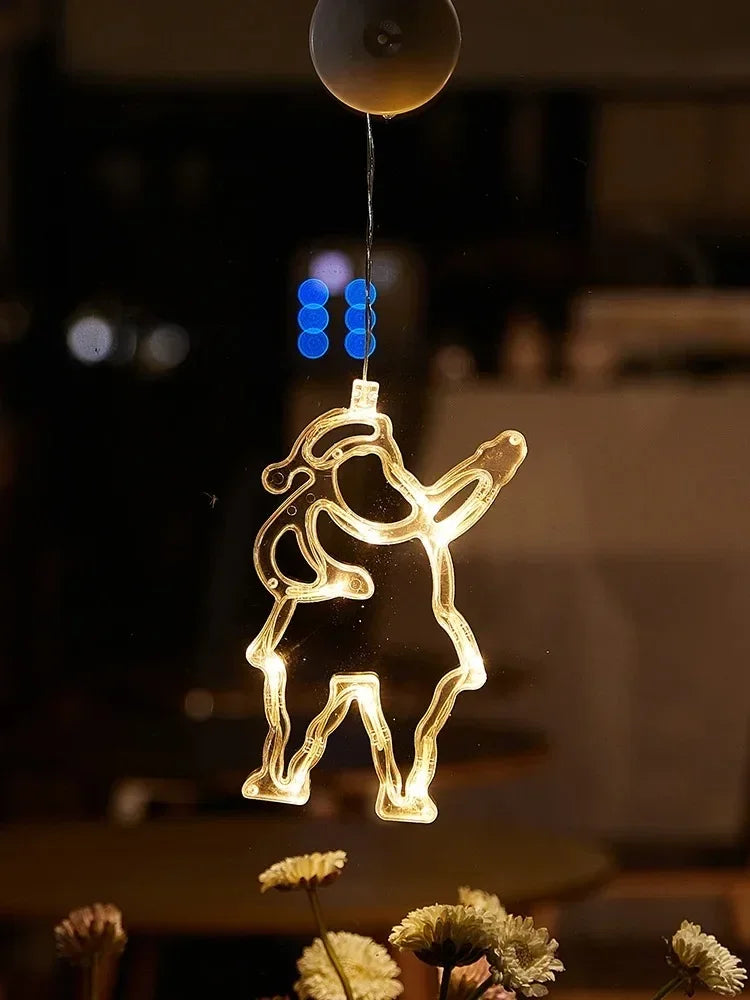 Christmas Window Lights Decor Battery Powered Hanging WarmWhite Light Tree Star Bells Shaped LED Sucker for Xmas Fireplace Decor