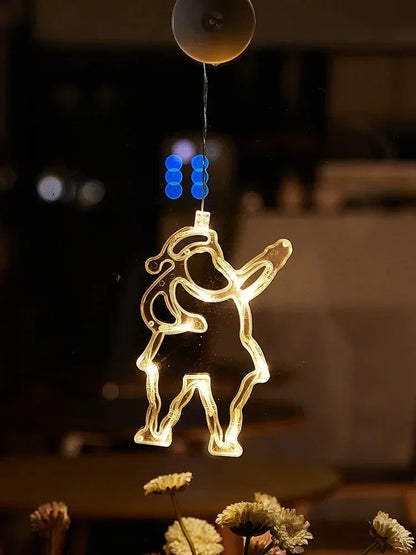 Christmas Window Lights Decor Battery Powered Hanging WarmWhite Light Tree Star Bells Shaped LED Sucker for Xmas Fireplace Decor