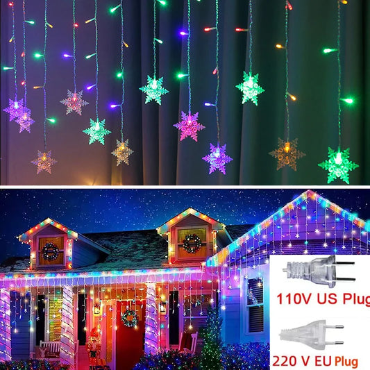 Christmas Snowflakes LED String Lights Flashing Fairy Curtain Lights  for Holiday Party Wedding Xmas Decoration Household Goods