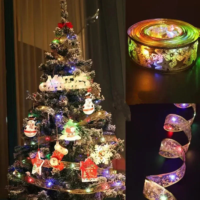 Christmas Decoration LED Ribbon Lights Christmas Tree Ornaments DIY Lace Bows String Light Navidad Home Decoration New Year 2025