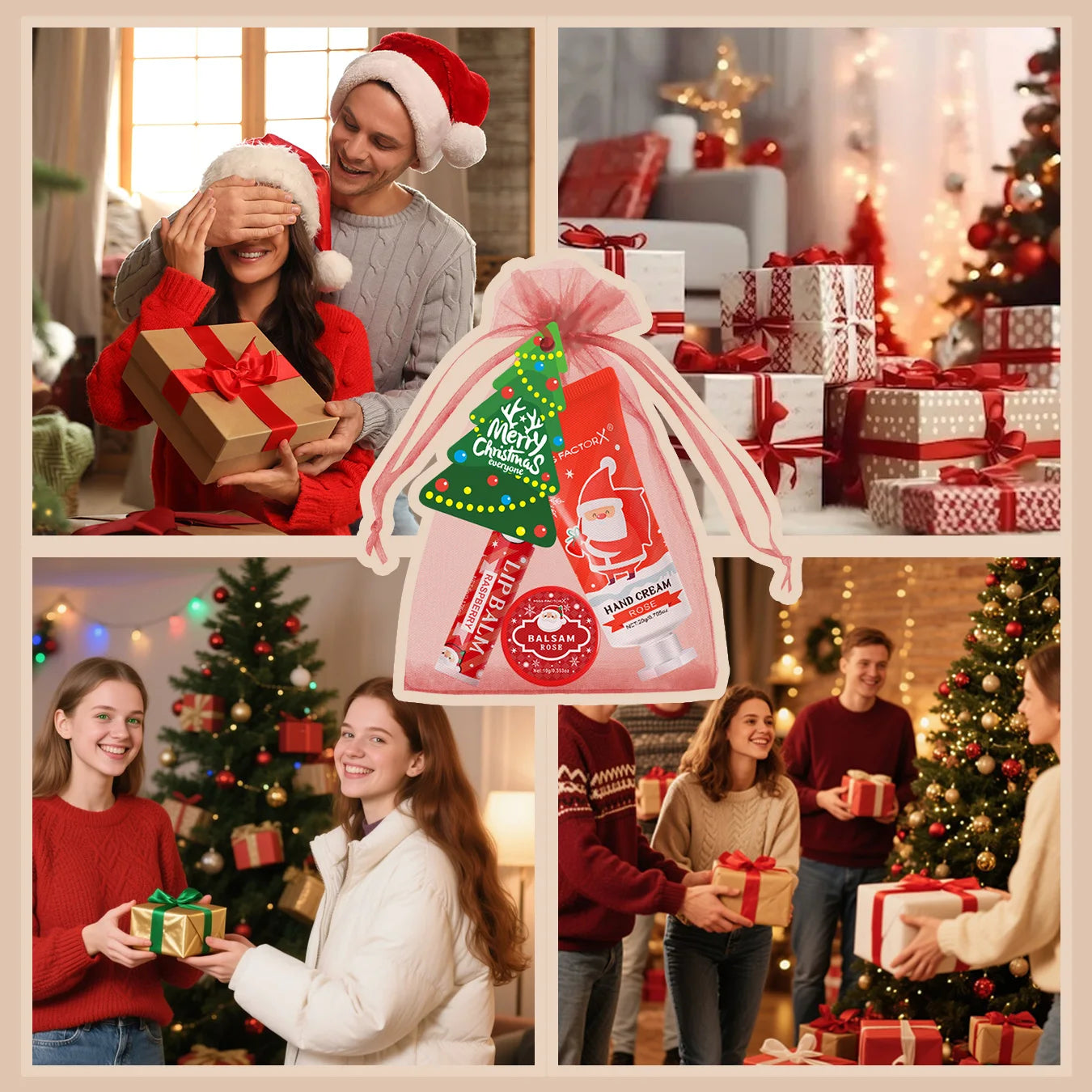 25 pieces/box gift assembly and distribution - lipstick, hand cream, balm, Christmas cards, red gift gauze bags