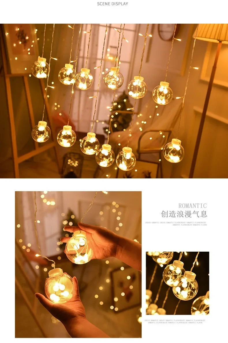 Christmas Decoration LED Lights Curtain Garland Wishing Ball Lamp Fairy String for Festoon Light Party New Year's Bedroom Living
