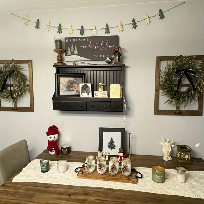 Christmas Wooden Wreath with 12 Trees and Beads for Winter Holiday Fireplace Decoration