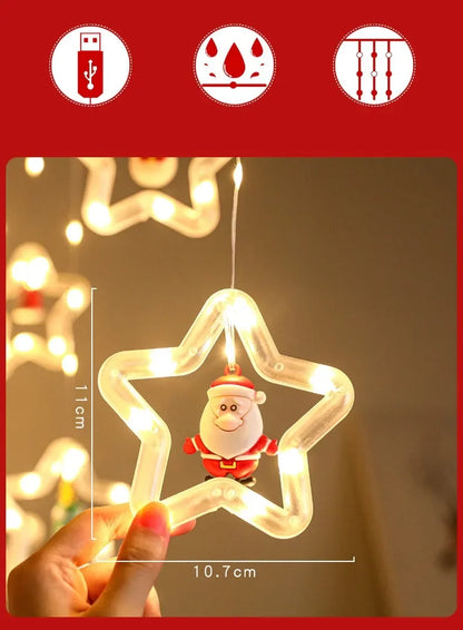 Christmas Lights String Star Santa Claus Curtain Light USB Plug Holiday Party Garland Lamp For Home Bedroom Window Decoration