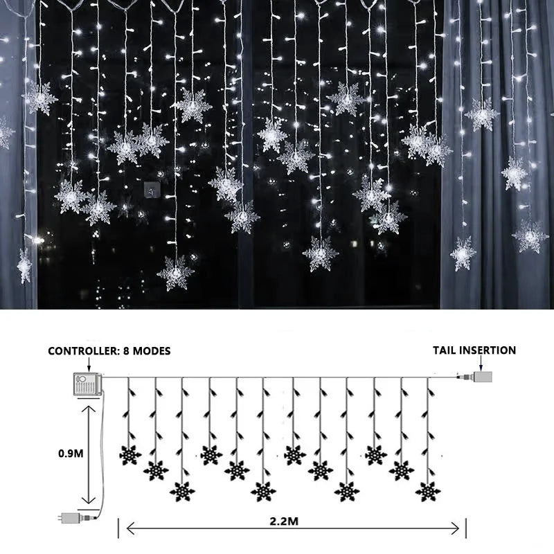 Christmas Snowflakes LED String Lights Flashing Fairy Curtain Lights  for Holiday Party Wedding Xmas Decoration Household Goods
