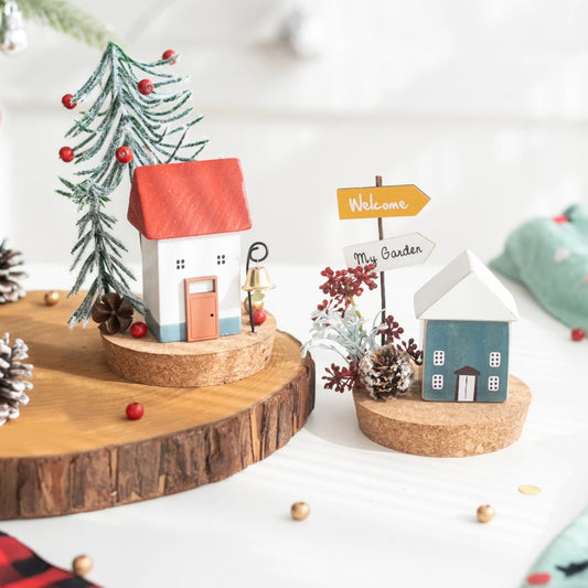 Christmas Tabletop Decorations Winter Wooden House with Mini Artificial Trees Sign Home Room Living Room Decorations Ornaments