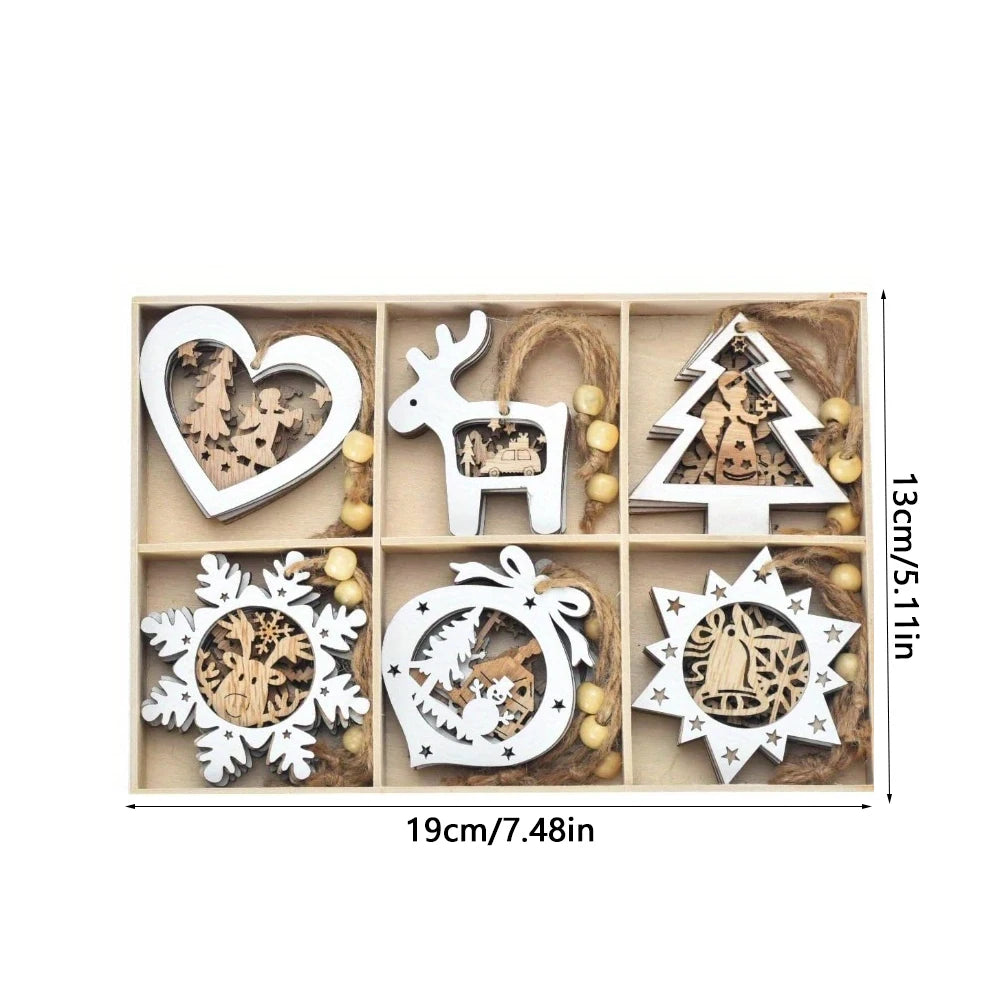 Set of 24 christmas tree ornaments, wooden hanging craft decorations for winter, 3d rustic farmhouse christmas ornaments