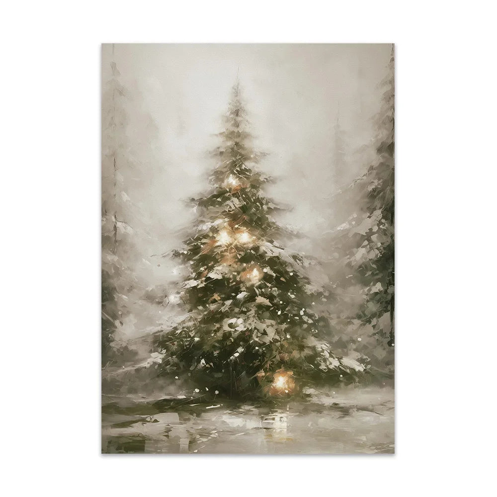 Christmas Trees Wall Art Snowy Village Print Picture Santa Deers Canvas Painting Poster For Livng Room Decoration Holiday Gift