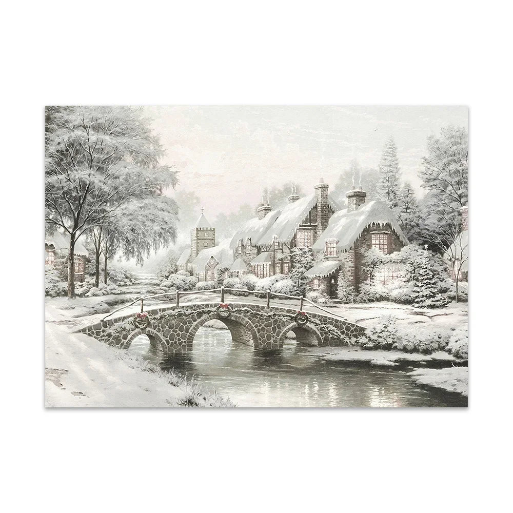 Christmas Trees Wall Art Snowy Village Print Picture Santa Deers Canvas Painting Poster For Livng Room Decoration Holiday Gift