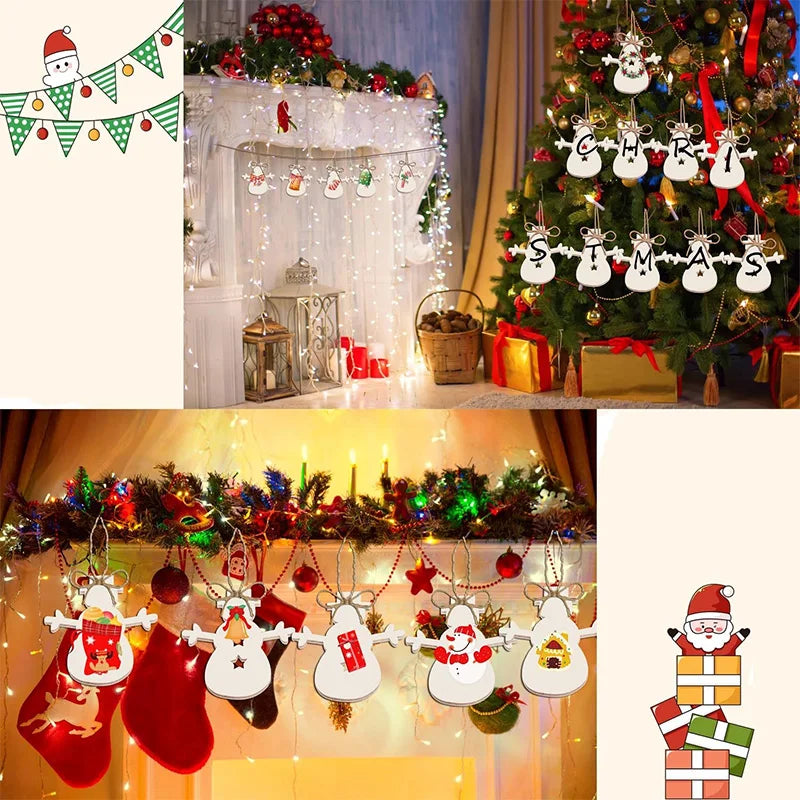 Christmas Wooden Ornaments Crafts Artificial Wooden Angel Snowman Christmas Tree Hanging Decoration DIY Home Party Gifts
