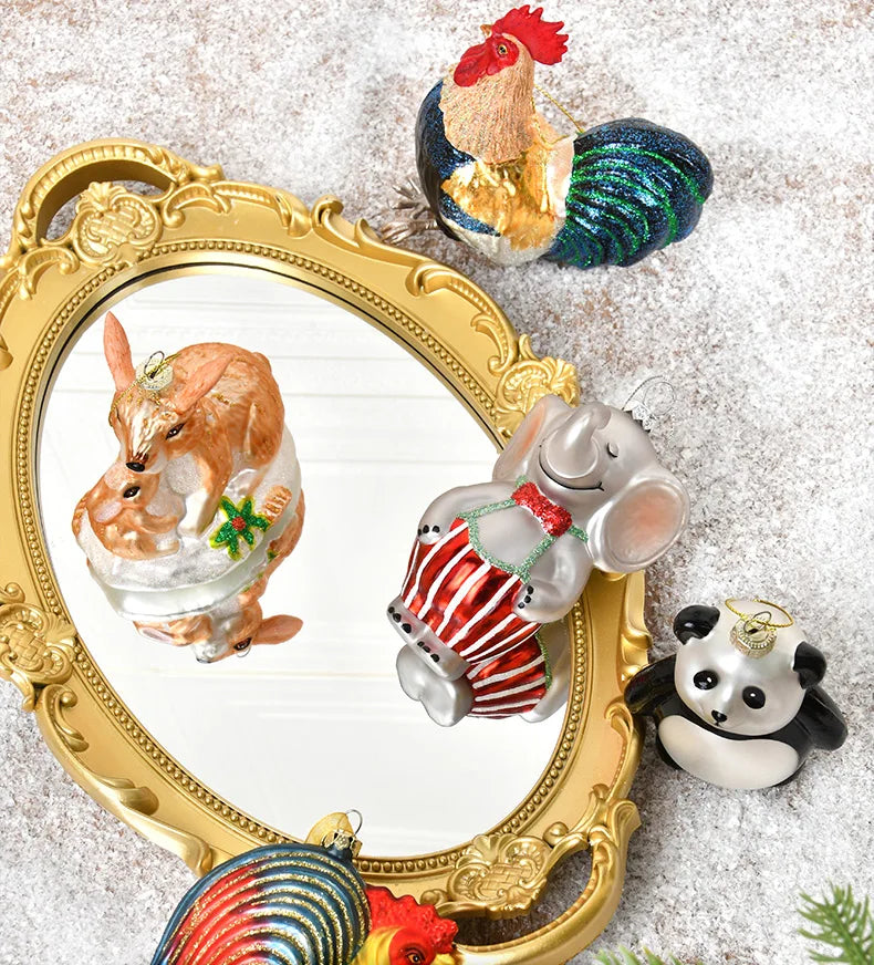 Christmas ornaments, glass paintings, roosters, pandas, animal shapes, charms, home christmas tree scenes, dress up pendants