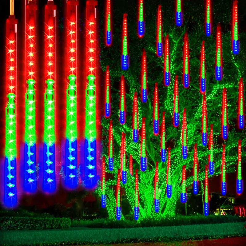 Christmas Lights Outdoor 8 Tube 144 LEDs Meteor Shower Lights Outdoor Hanging Light for Gazebo Tree Icicle Garden Yard Decor