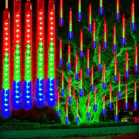 Christmas Lights Outdoor 8 Tube 144 LEDs Meteor Shower Lights Outdoor Hanging Light for Gazebo Tree Icicle Garden Yard Decor