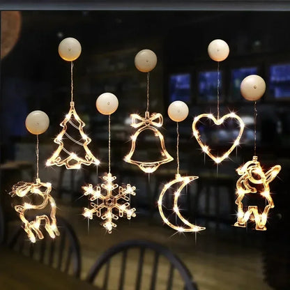 Christmas Window Lights Decor Battery Powered Hanging WarmWhite Light Tree Star Bells Shaped LED Sucker for Xmas Fireplace Decor