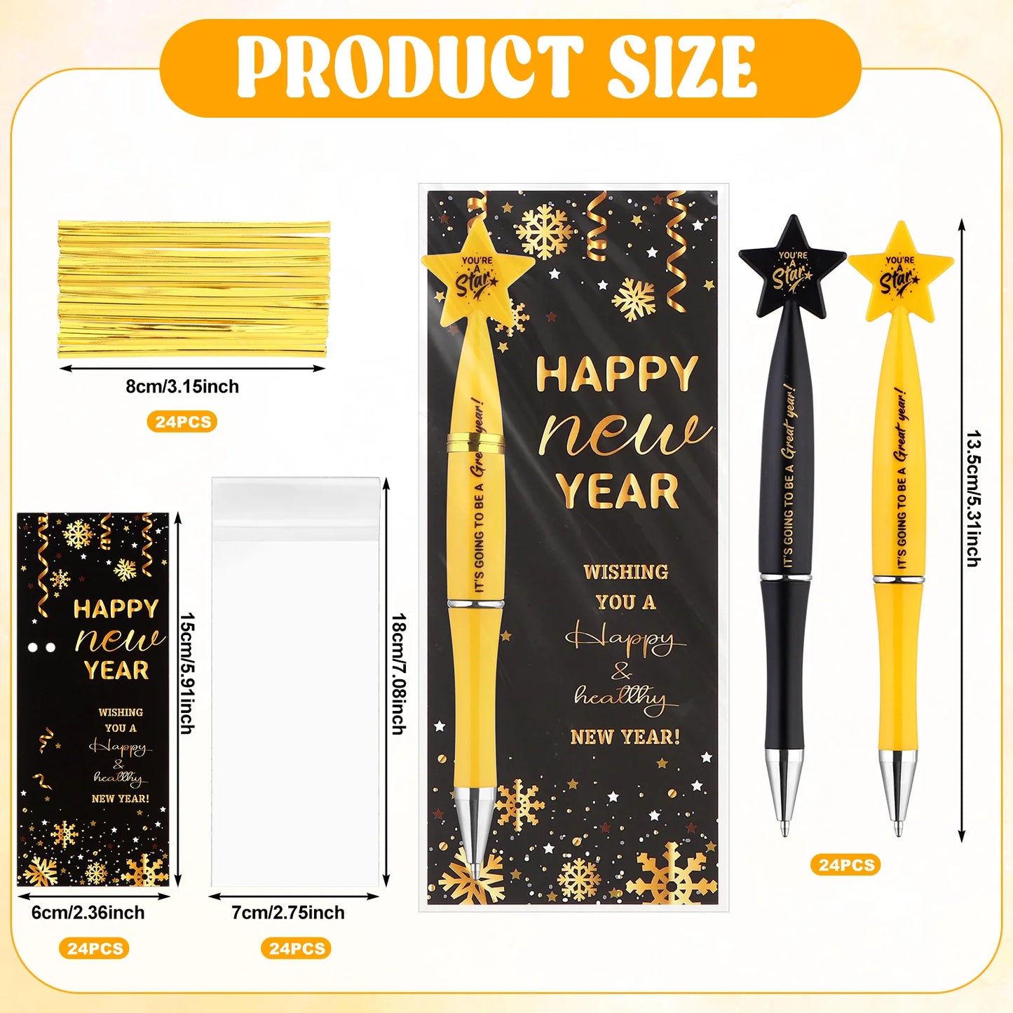 24Sets Happy New Year Gifts Include Star Pens Blessing Cards You're a Star Ballpoint Pen with Tie Opp Bag for Employee Coworkers