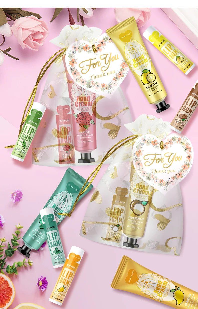 12 Hand gift Hand cream and lip balm set Friends Party Gift with love net bag and thank you card Holiday gift