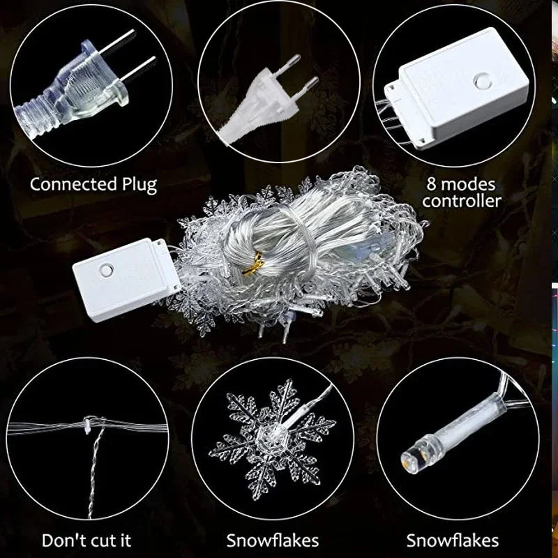 Christmas Snowflakes LED String Lights Flashing Fairy Curtain Lights  for Holiday Party Wedding Xmas Decoration Household Goods