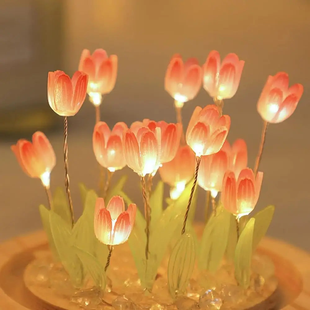 Birthday Gifts Mom Assembled Tulip Light Handmade Artificial Flower Table Lamp Bedroom Desk Decoration for Daughter Girlfriend