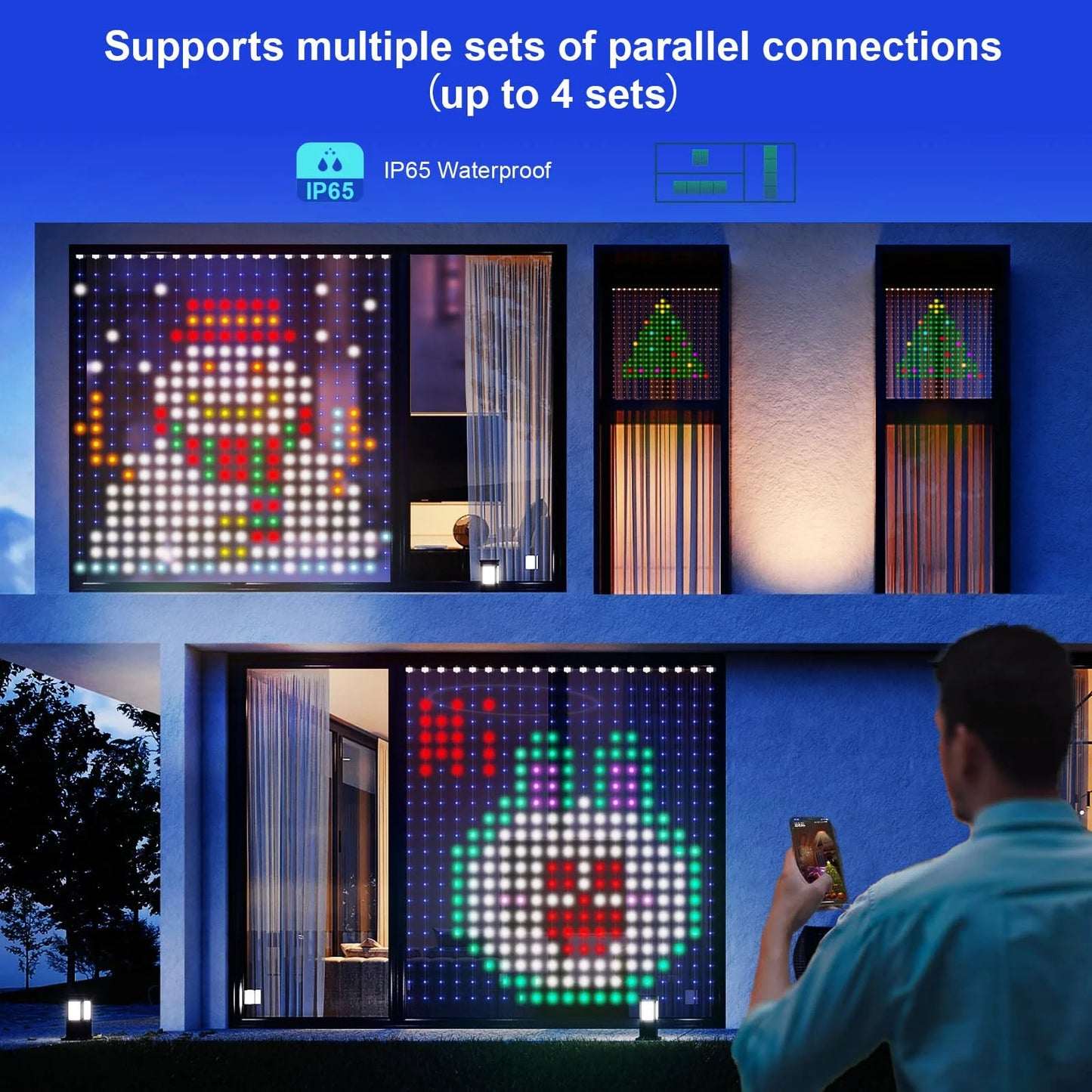 Christmas LED Curtain Lights Smart APP Controlled DIY Text Pattern Animation Display Music Change Light Garland Festival Decor