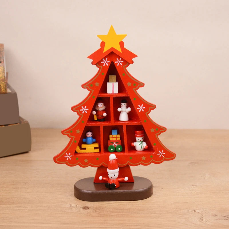 1PC Wooden Christmas Tree Creative Scene Layout Ornaments 3D Red Xmas Table Desktop Decoration Christmas Supplies
