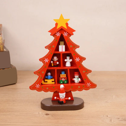 1PC Wooden Christmas Tree Creative Scene Layout Ornaments 3D Red Xmas Table Desktop Decoration Christmas Supplies