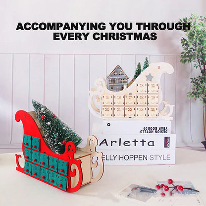 Christmas Advent Calendar Ornaments Wooden Luminous Decoration Gadget with 24 Drawers with LED Light Storage Home Party Gifts